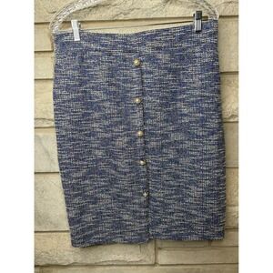 Messini Blue Multi Tweed Pencil Skirt Pearl Buttons Knee Length Womens Large